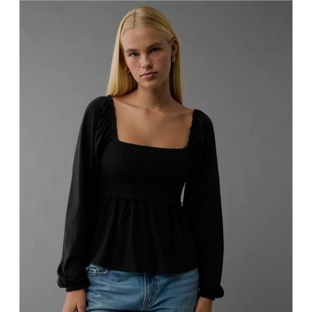 American Eagle Black Babydoll L Sleeve Whimsigoth Fairy Grunge Lace Off Shoulder